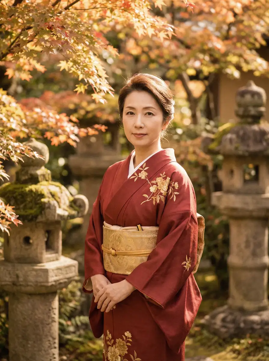 一位身穿暗红色和服的优雅 飞机杯女神 在日式庭院中