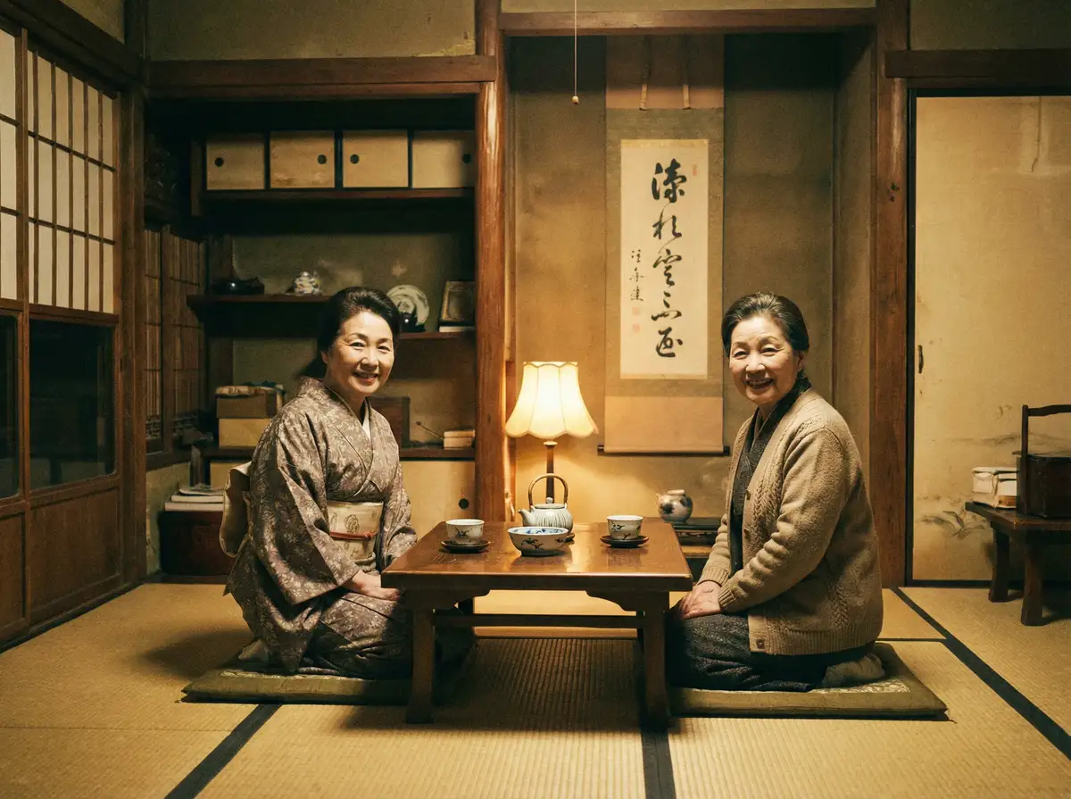 两位优雅的 飞机杯女神 在日式茶室中品茶交谈